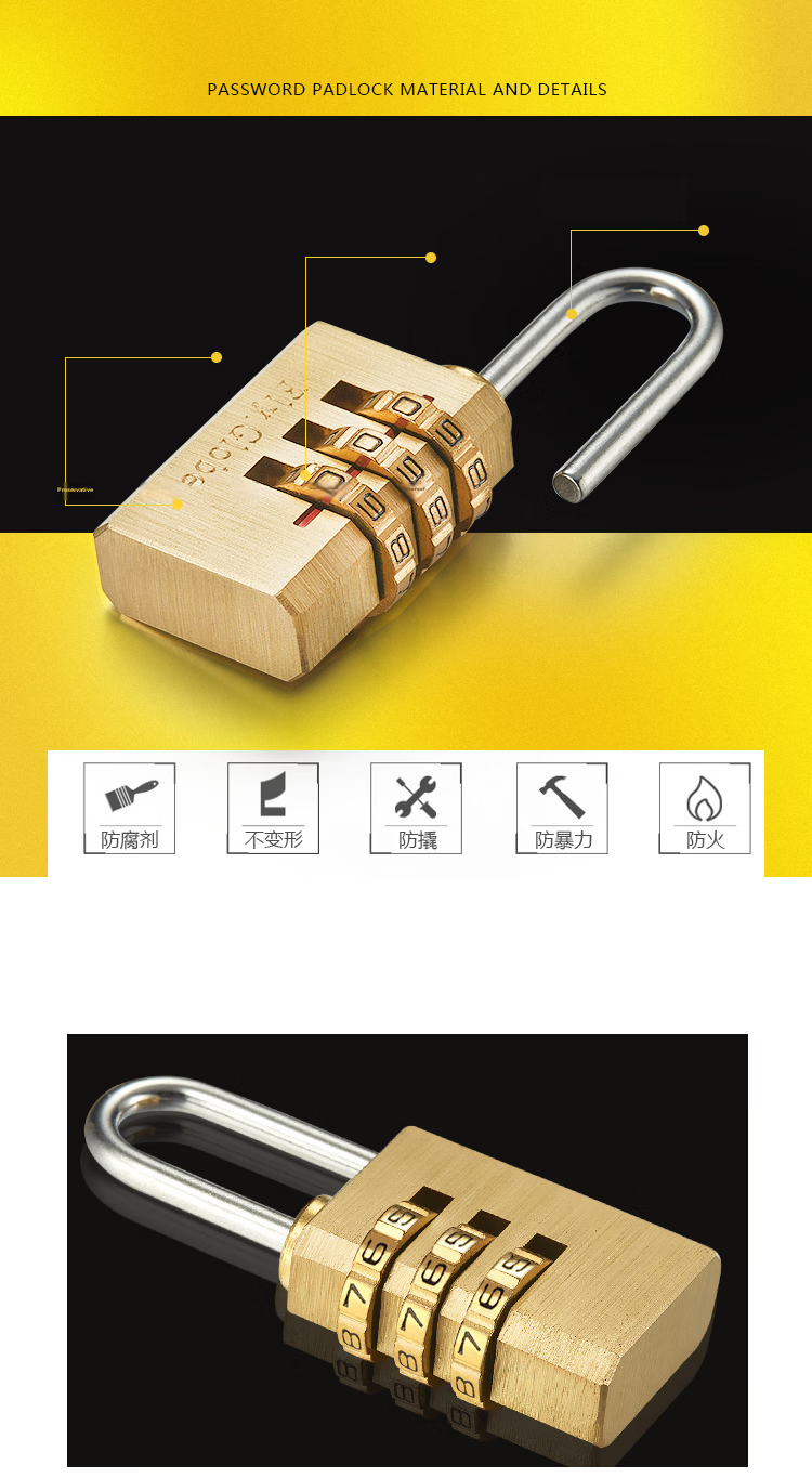 Fly.Globe) Anti-Theft Combination Lock, Luggage Padlock, Wooden Door Drawer Lock, All-Copper Waterproof Rust-Proof Lock 9