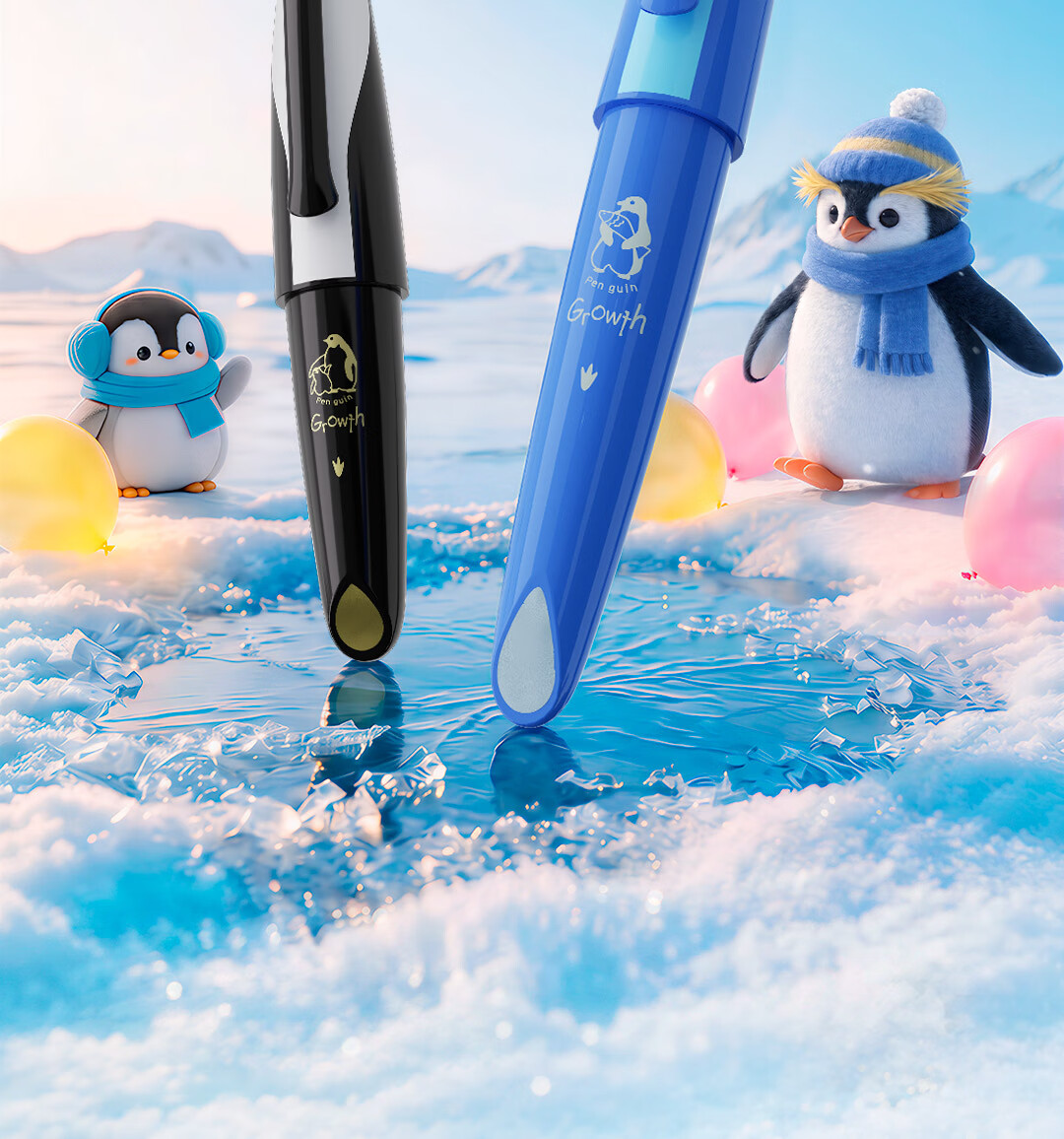 Dianshi Deep Sea Capsule Little Penguin Posture Correction Fountain Pen for Primary School Children with Replaceable Ink Cartridge, Calligraphy Practice Pen EF Fine Nib 789 Pink Long Barrel, Magic Era 4