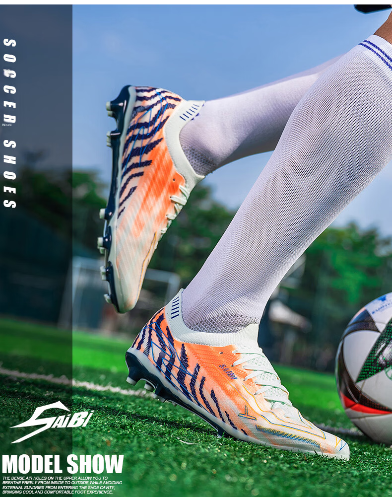 SAIBI Men's Soccer Shoes AG Long Studs Adult Youth Student Professional Training Competition Shoes 3649C Moon Blue Orange Size 35 22