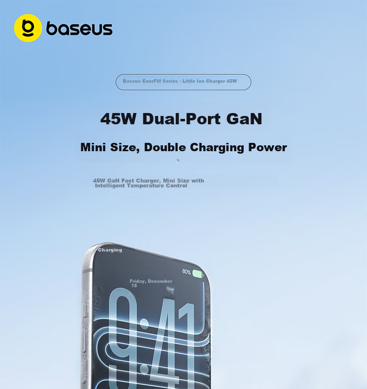 Baseus Mini Ice Charger [Dual C Ports] Apple 17 Charging Head 45W GaN Charger AVS Protocol Dual-Port Fast Charger Compatible with iPhone 17 Pro/16 Huawei Black Plug 1