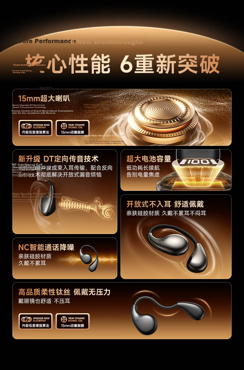 GFFOCUS 2026 Latest Bone Conduction Bluetooth Earphones, Digital Battery Display, Open-Ear Wireless Sports Running Headset, Non-In-Ear, Noise Reduction, Long Battery Life 15