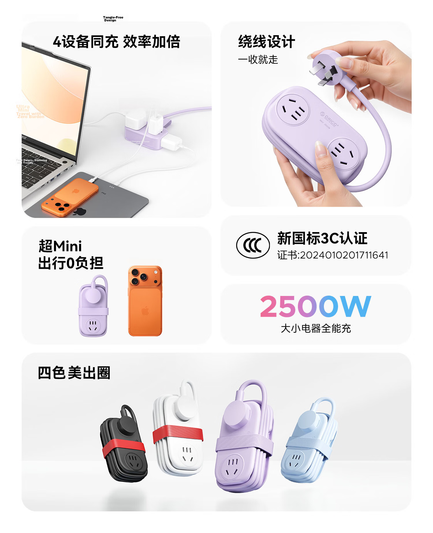 ORICO New National Standard 3C Certified Power Strip/Socket/Multifunctional Extension Cord/Pocket Power Strip/Power Board/Multiple Outlet Extension Cord/4 AC Ports 1.5m Purple 4