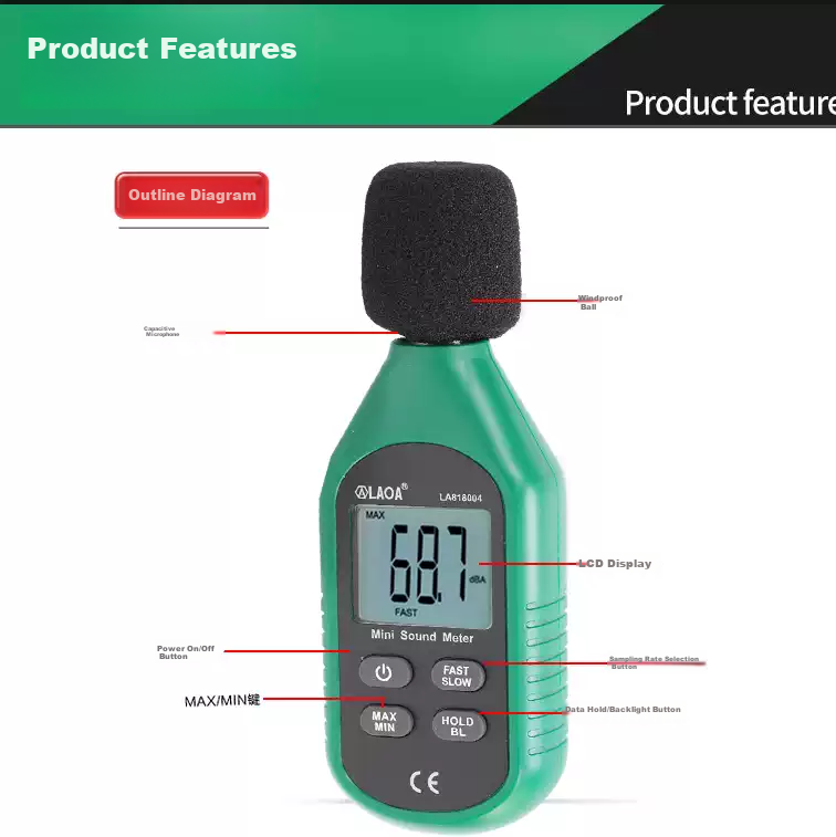LAOA LA818004 Digital Noise Meter Decibel Tester Sound Level Meter Noise Detector 4