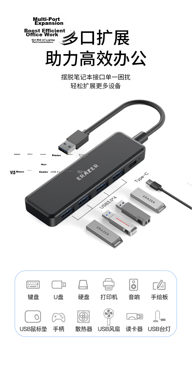 Lenovo Yinen USB Hub Docking Station High-Speed Hub Expansion Dock Laptop Converter Adapter Extension Cable 3