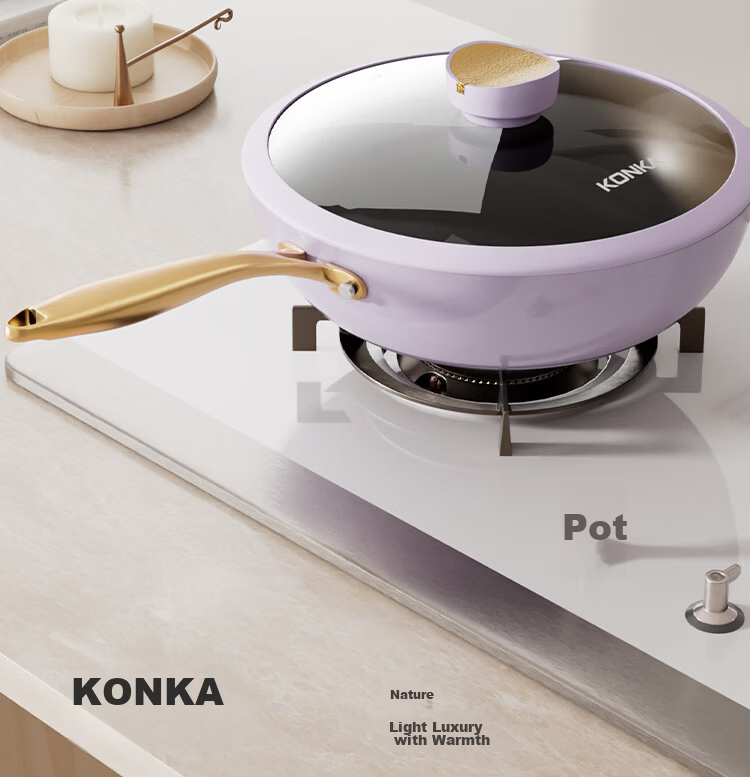 KONKA Ceramic Non-Stick Lightweight Frying Pan 30cm Flat Bottom Stir-Fry Pan Compatible with Induction and Gas Stoves Low Oil Smoke 6
