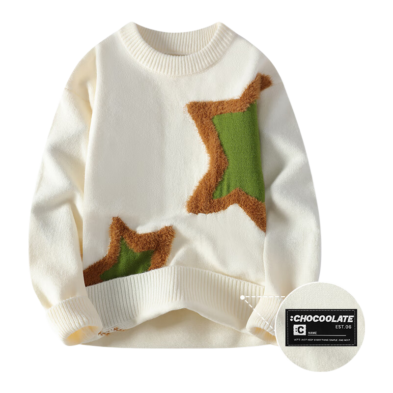 :CHOCOOLATE IT Trendy Brand Men's Winter Warm Loose Fit Crew Neck Pullover Sweater Off-White M