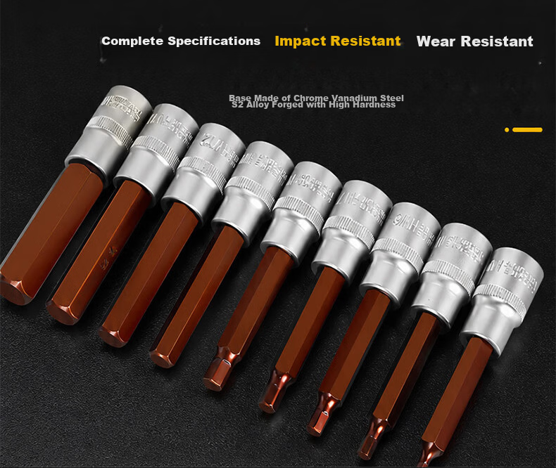 Kuanteng 1/2 Large Impact Driver Extended Screwdriver Socket Electric Wrench Air Gun Quick Bit S2 12-Point Bit 9-Piece Set 6