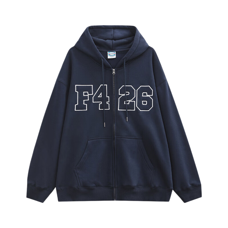 F426 Official Store National Trend Brand Spring And Autumn Patchwork Embroidered Large Logo Cardigan Sweatshirt Jacket, Navy Blue, L
