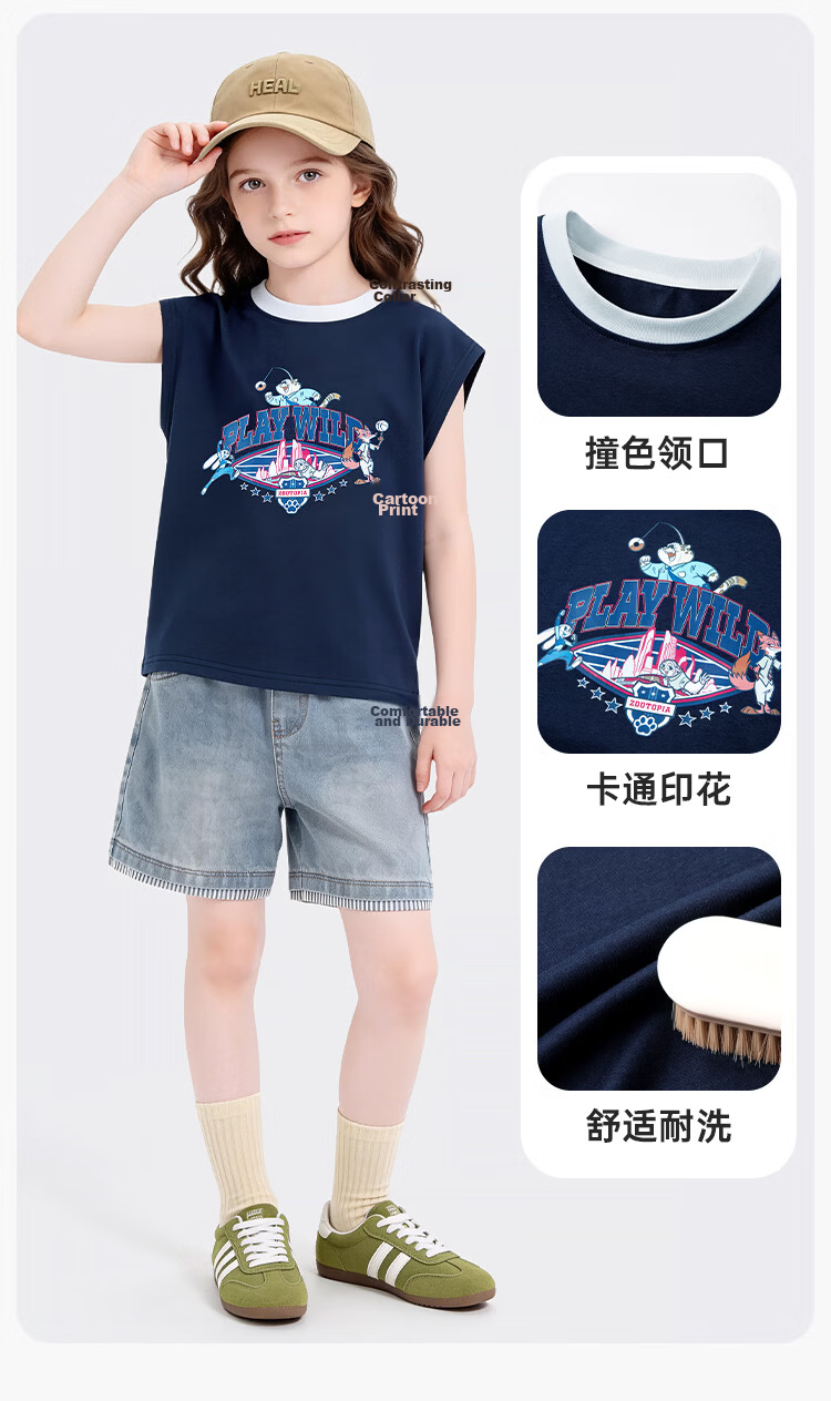Disney Girls Short Sleeve T-Shirt 2026 New Summer Kids Cartoon Sleeveless Printed Breathable Vest Navy Blue 120 8