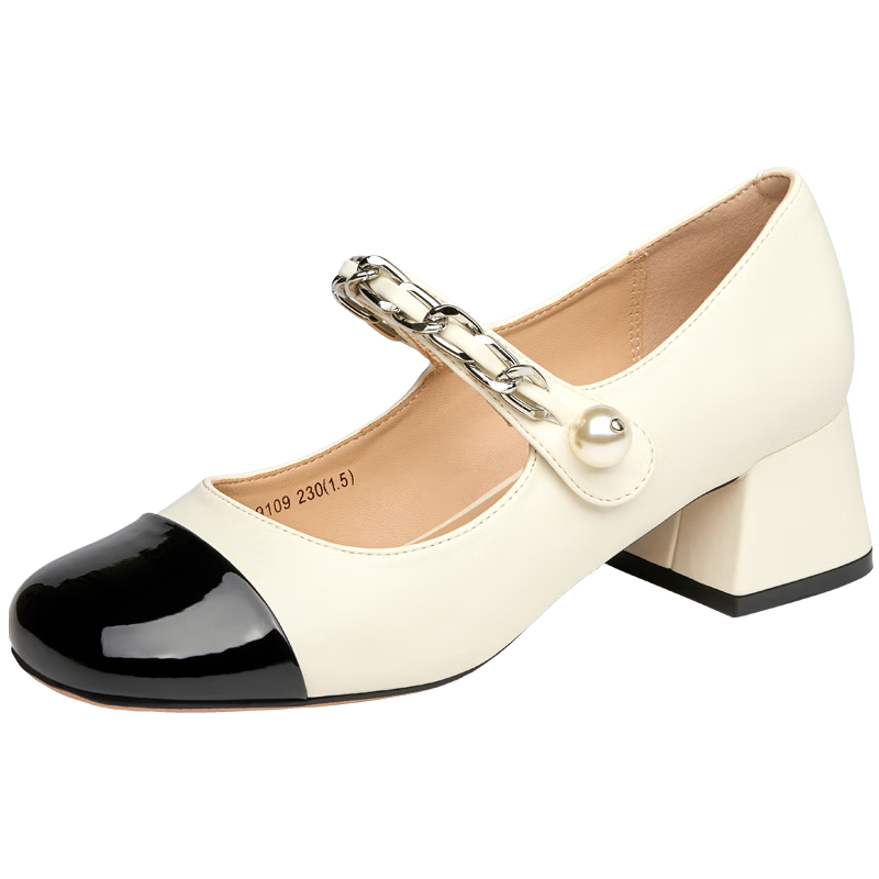 Josiny [Celebrity Style] Little Chanel Style Mary Jane Women's Shoes Spring Round Toe Chunky Heel French Leather Shoes White Size 34
