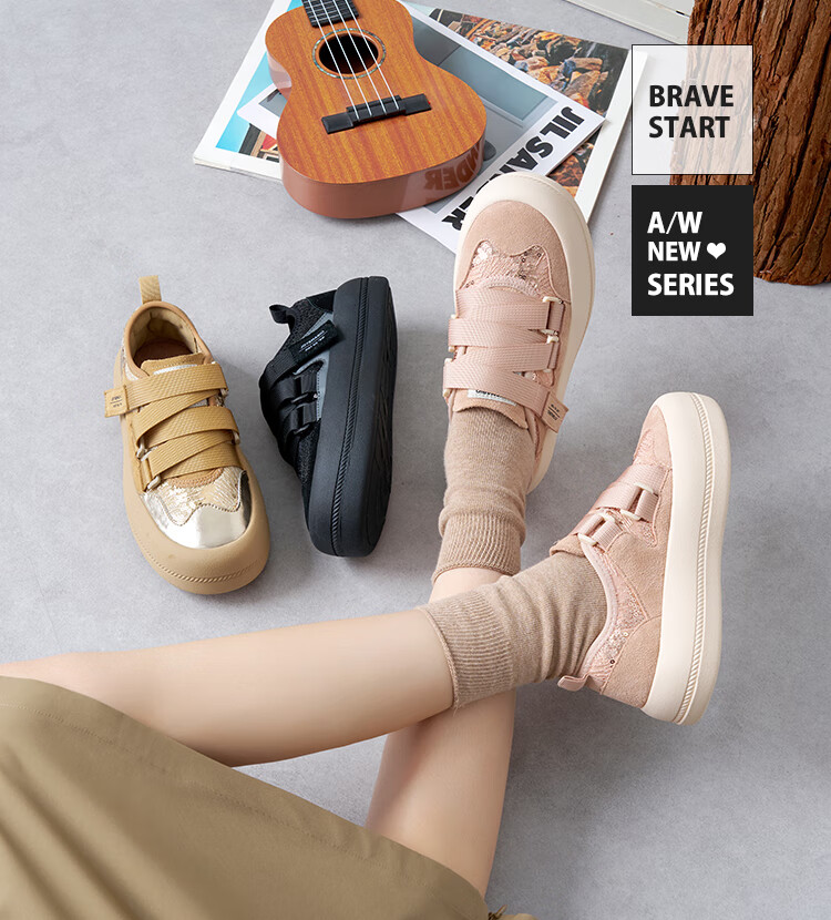 J&M Loafers for Women, Autumn Black, Velcro Thick-Soled Casual Versatile Fashionable Flats, Apricot Color, Size 36 3