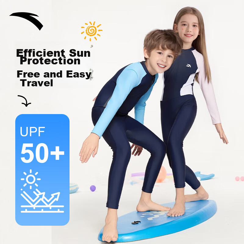Anta Kids One-Piece Long Sleeve Swimsuit New Style Unisex Sun Protection Professional Training Swimwear for Girls Size 130