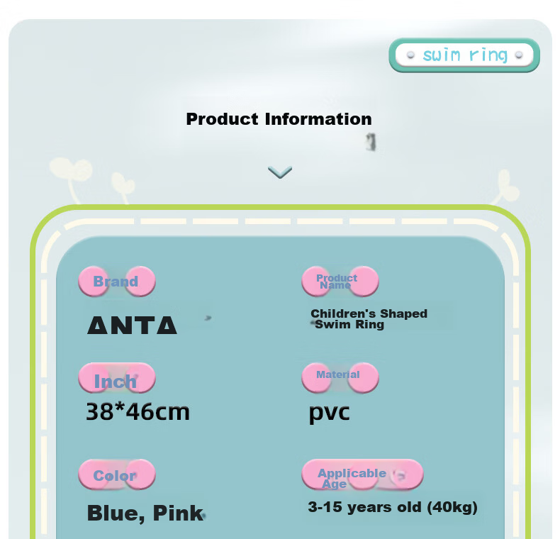ANTA Inflatable Kids Swim Ring Underarm Float Portable Anti-Tip Thickened Beginner Swimming Aid Blue 8