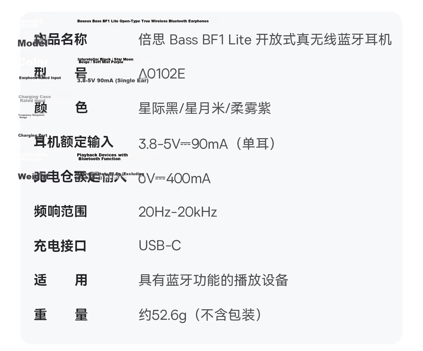 Baseus BF1 Lite 2026 New Bluetooth Earphones Open-Ear Hanging Design AI Translation Sports Call Long Battery Life Starry Black 24