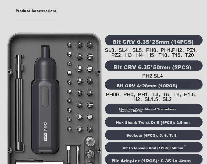 Deli Electric Screwdriver Household Dual-Mode Precision Manual Screwdriver Set with 32 Accessories for Appliances and Furniture 24