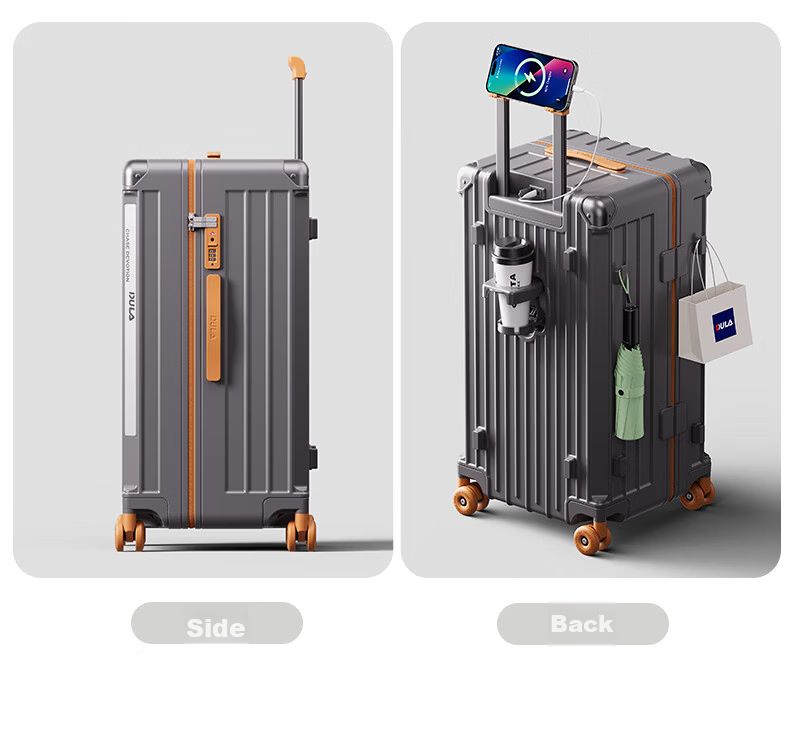 DULA Innovative Plastic Frame PC Luggage Large Capacity Cup Holder Trolley Case Travel Suitcase Password Lock 28 Inch Slate Brown 26