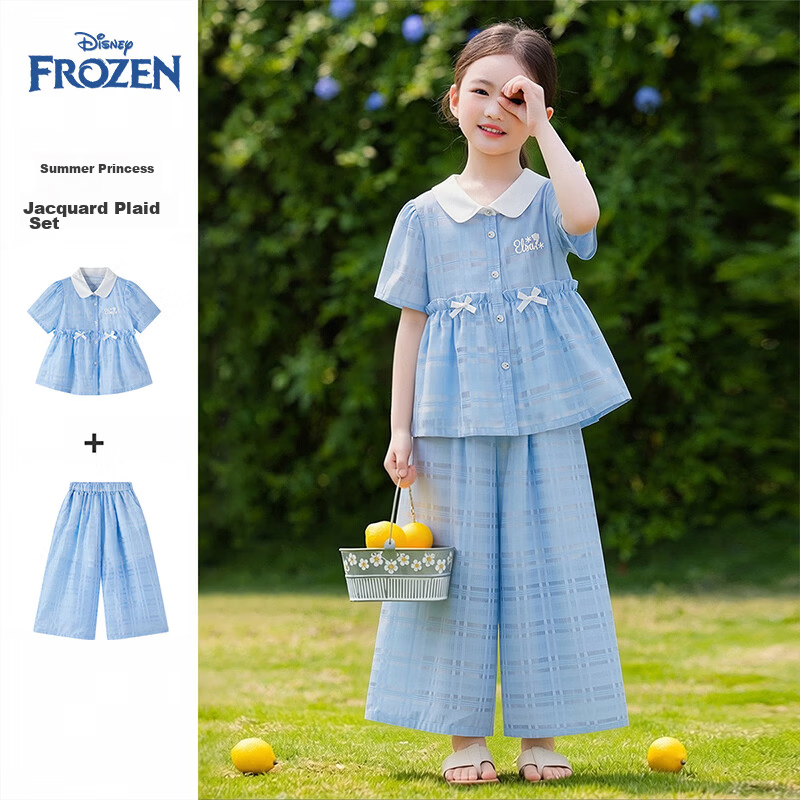 Disney Girls' 2026 New Summer Thin Doll Collar Short Sleeve Top and Casual Wide-Leg Pants Two-Piece Set
