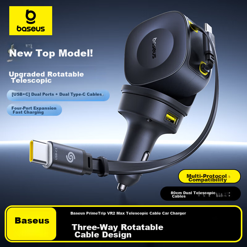 Baseus Car Charger with Retractable Cable 100W Cigarette Lighter Super Fast Charging Adapter Compatible with Apple 16/17 Huawei Xiaomi