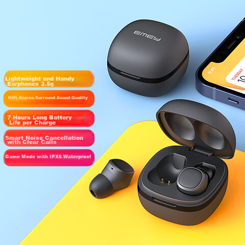 EMEY [Fully Upgraded] T1X True Wireless Bluetooth Earbuds, In-Ear Bean-Style Music And Call Headphones with Low Latency, Bluetooth 6.0 Noise Reduction, Compatible with Apple, Huawei, Xiaomi, Black