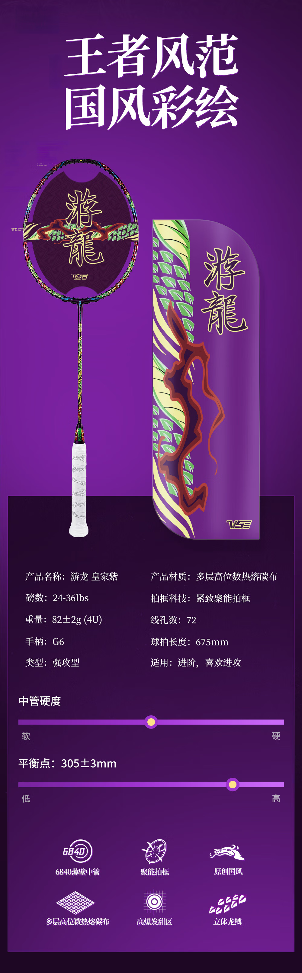 VS Badminton Racket Ultra-Light Full Carbon Fiber Youlong Speed Offensive High Tension Unstrung Purple 4U 8
