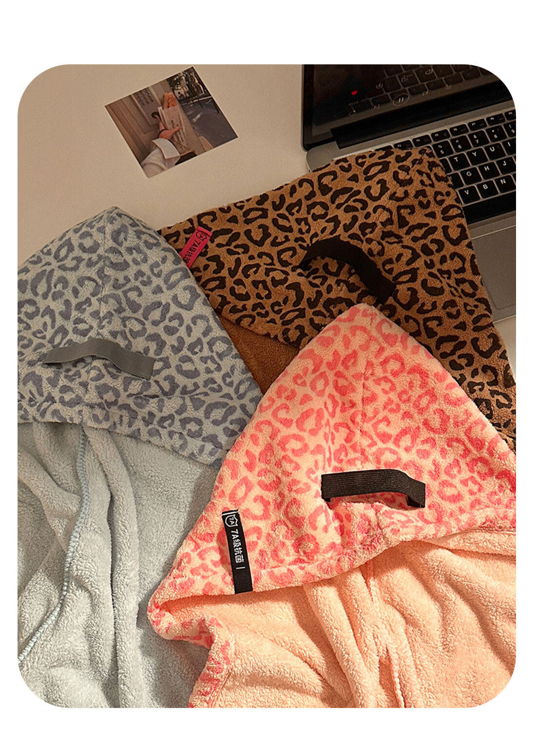 Fan Ye Leopard Print Coral Fleece Thickened Super Absorbent Hair Drying Towel Wrap Bath Cap for Women Adults Students 8