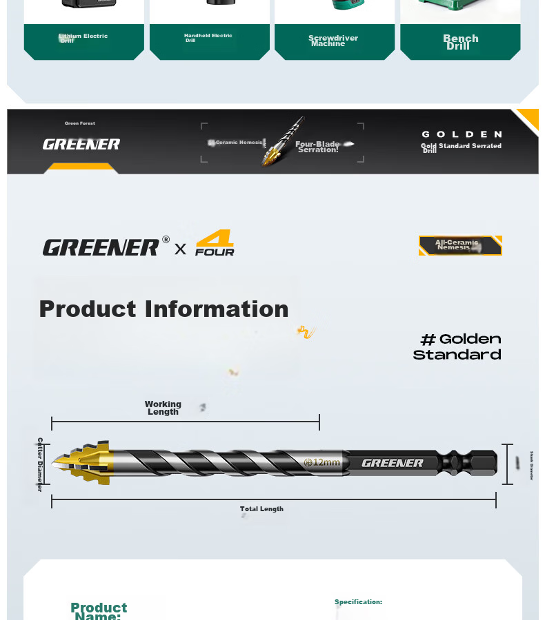 GREENER Gold Standard Serrated Core Drill Bit Set for Tile and Concrete, Ultra-Hard Electric Drill Bits, High Hardness, Sizes 6/8/10/12mm 12