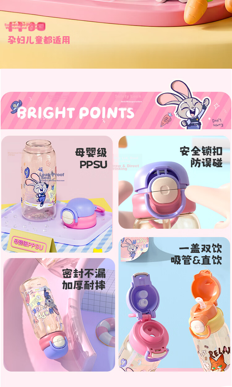 Disney Children's Water Bottle PPSU Student Dual Drinking Straw Cup Large Capacity Kindergarten Maternity Plastic Cup 650ml 2