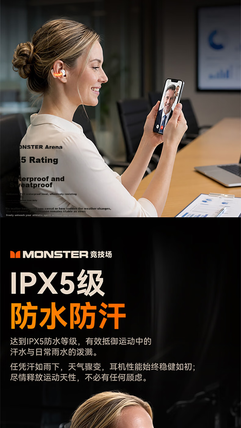 Monster 2026 New Arena Clip-On Wireless Bluetooth Earphones Sports Earphones with Night Running Light ENC Call Noise Cancellation Bluetooth 6.0 White Compatible with Apple and Huawei 9