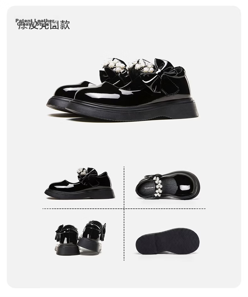 Eierkang Girls Black Leather Classic Pearl Bow Princess Shoes Student Performance Soft Sole Flats Black Size 32 21