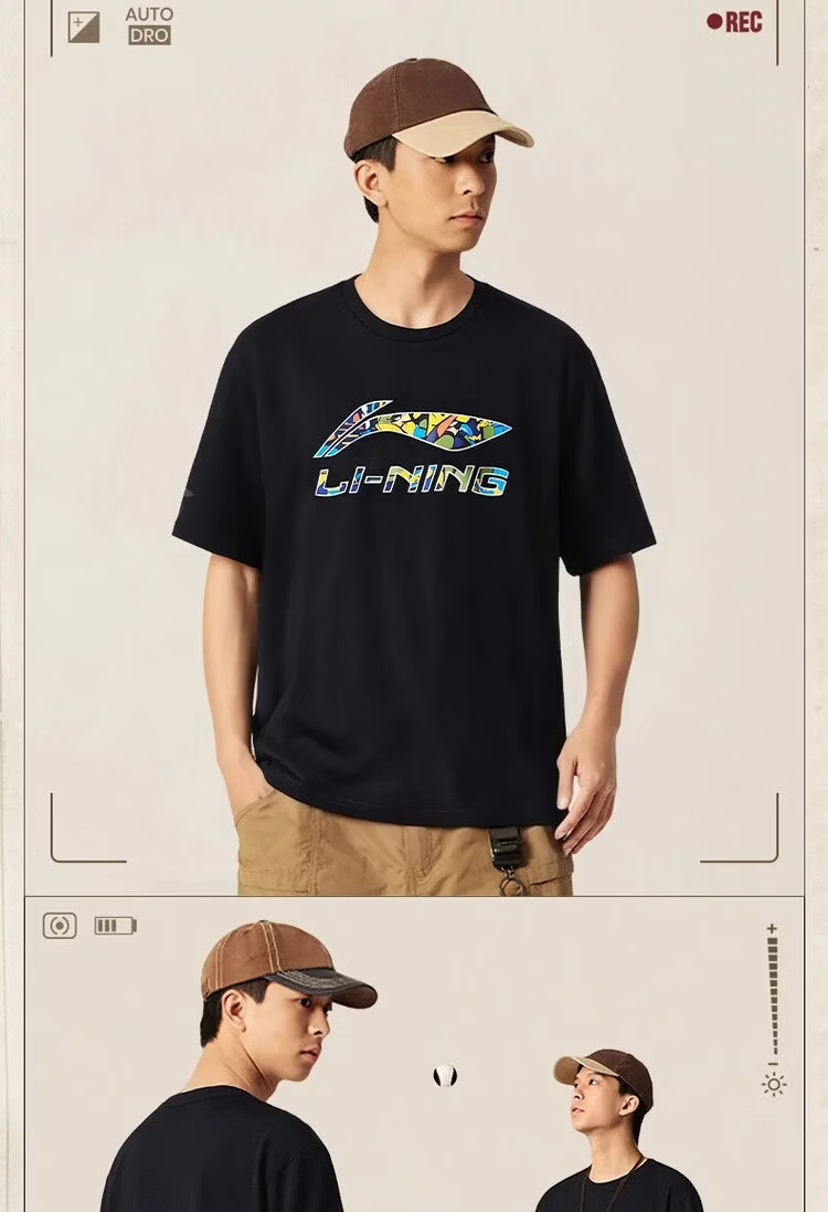 LI-NING Short Sleeve T-Shirt Sports Fitness Breathable Comfortable Versatile Loose Fit Fashionable Crew Neck Classic Casual Logo T-Shirt Couple's Edition 9
