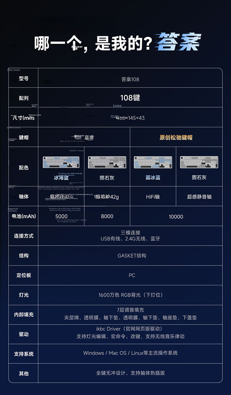 Ikbc K87 Customizable Keyboard, 87 Keys, E-Sports Gaming Keyboard, Office Typing Comfortable, Tri-Mode Mechanical Keyboard, Gaming Keyboard, New Year Gift, Guangmu King Switch 45g 1