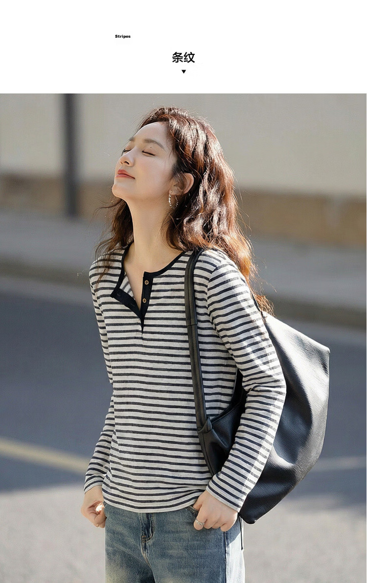 Demana [Smooth Lyocell] Summer Lazy Colorblock Stripe Henley Collar Long Sleeve Loose Slim Fit Versatile Women's T-Shirt 10
