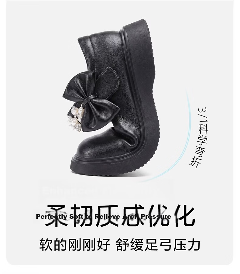 Eierkang Girls Black Leather Classic Pearl Bow Princess Shoes Student Performance Soft Sole Flats Black Size 32 6