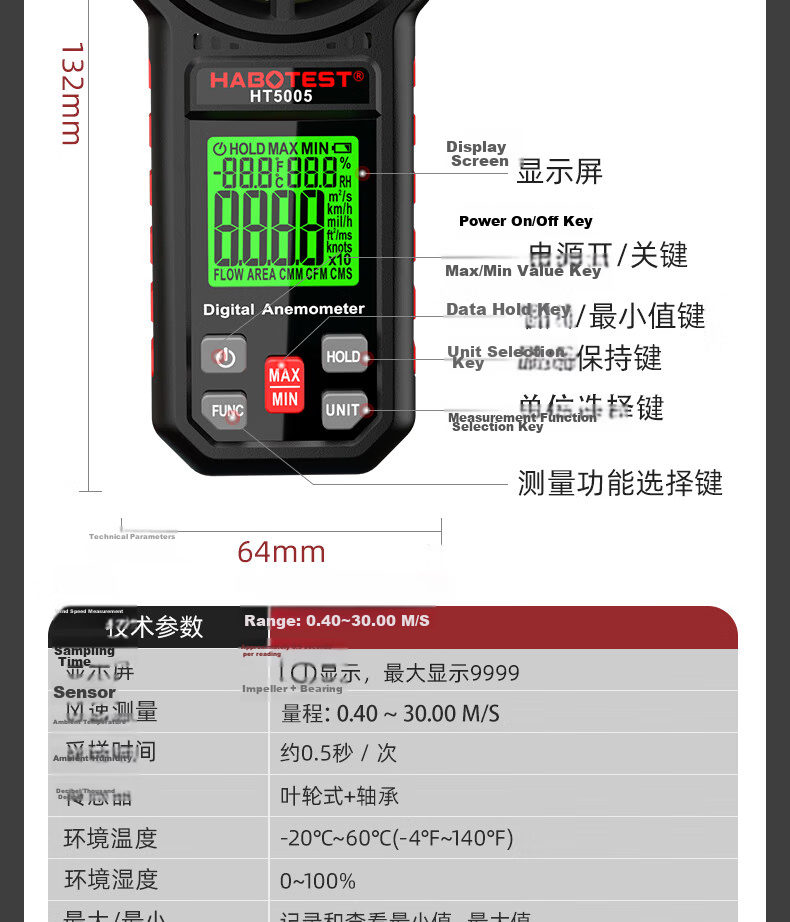HABOTEST Integrated Digital Anemometer HT5005 - Wind Speed, Air Volume, Temperature, and Humidity Measurement 19