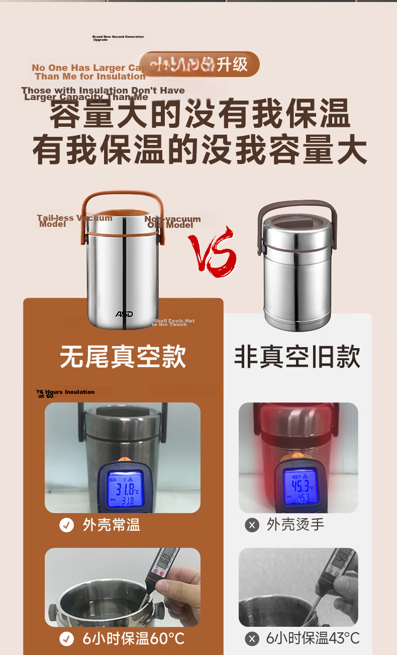 ASD 316L Food Grade Stainless Steel Vacuum Insulated Lunch Box 2L Portable Large Capacity Bento Box for Students 4