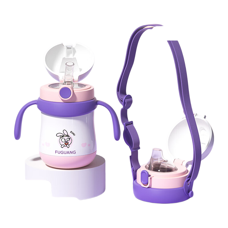FGA Fuguang Children's Insulated Cup, Baby Straw Cup, Duck-Billed Sippy Cup, 316L Stainless Steel Water Bottle, Drinking Cup, Rabbit Pink