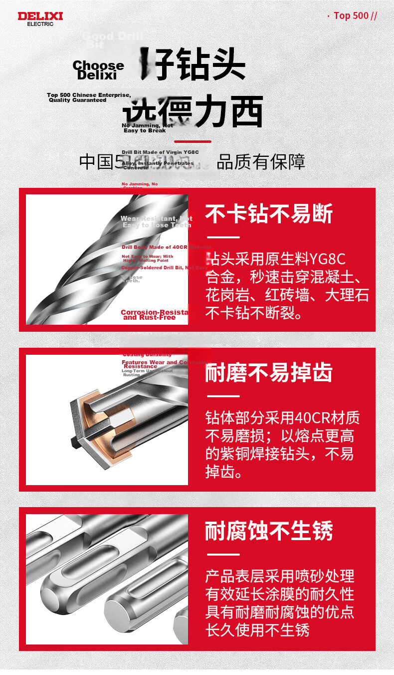 DELIXI ELECTRIC Cross Impact Electric Hammer Drill Bit Concrete Wall Penetration Tungsten Steel Alloy Wall Drilling DLX-FSZ8 18×500 5