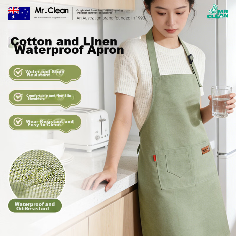 Mr Clean Cotton Linen Kitchen Apron Oil-Resistant Cooking Waist Apron Neck-Hanging Durable Stain-Resistant Workwear