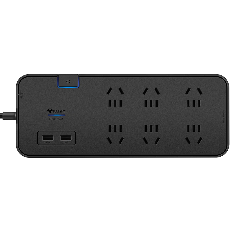 BULL Surge And Lightning Protection Gaming Power Strip / Extension Cord / Power Bar / Multi-Outlet Strip / Power Board, 6 Outlets + 2 USB Ports with Master Switch, Total Length 1.8 Meters, Protects Appliances GN-H306U