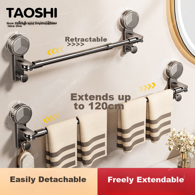 Taoshi Suction Cup Retractable Towel Rack Carbon Steel No-Drill Bathroom Towel Bar 41XPMJG50