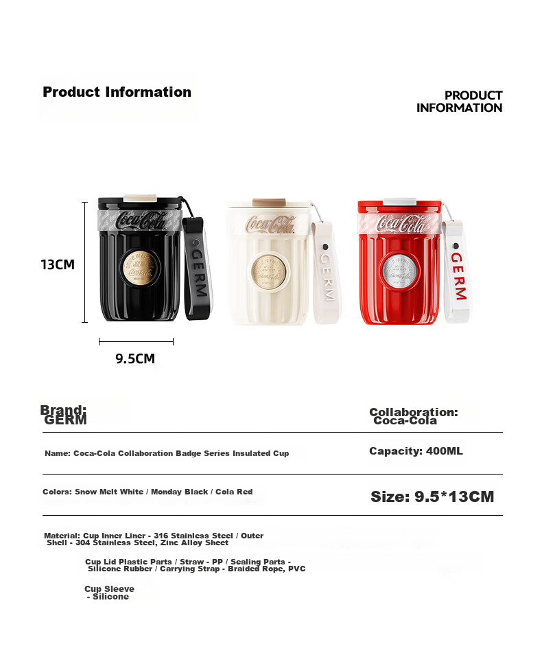 Germ Coca-Cola Badge Insulated Straw Cup GE-CK23AW-B55-2 Snow White 400mL (Each) 18