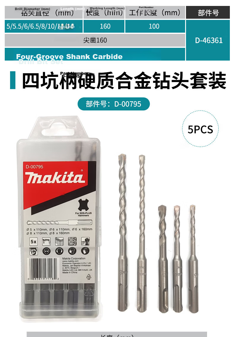 MAKITA Round Four-Groove Handle Rotary Hammer Drill Bit, Pointed Chisel, Flat Chisel Set D-53659 10