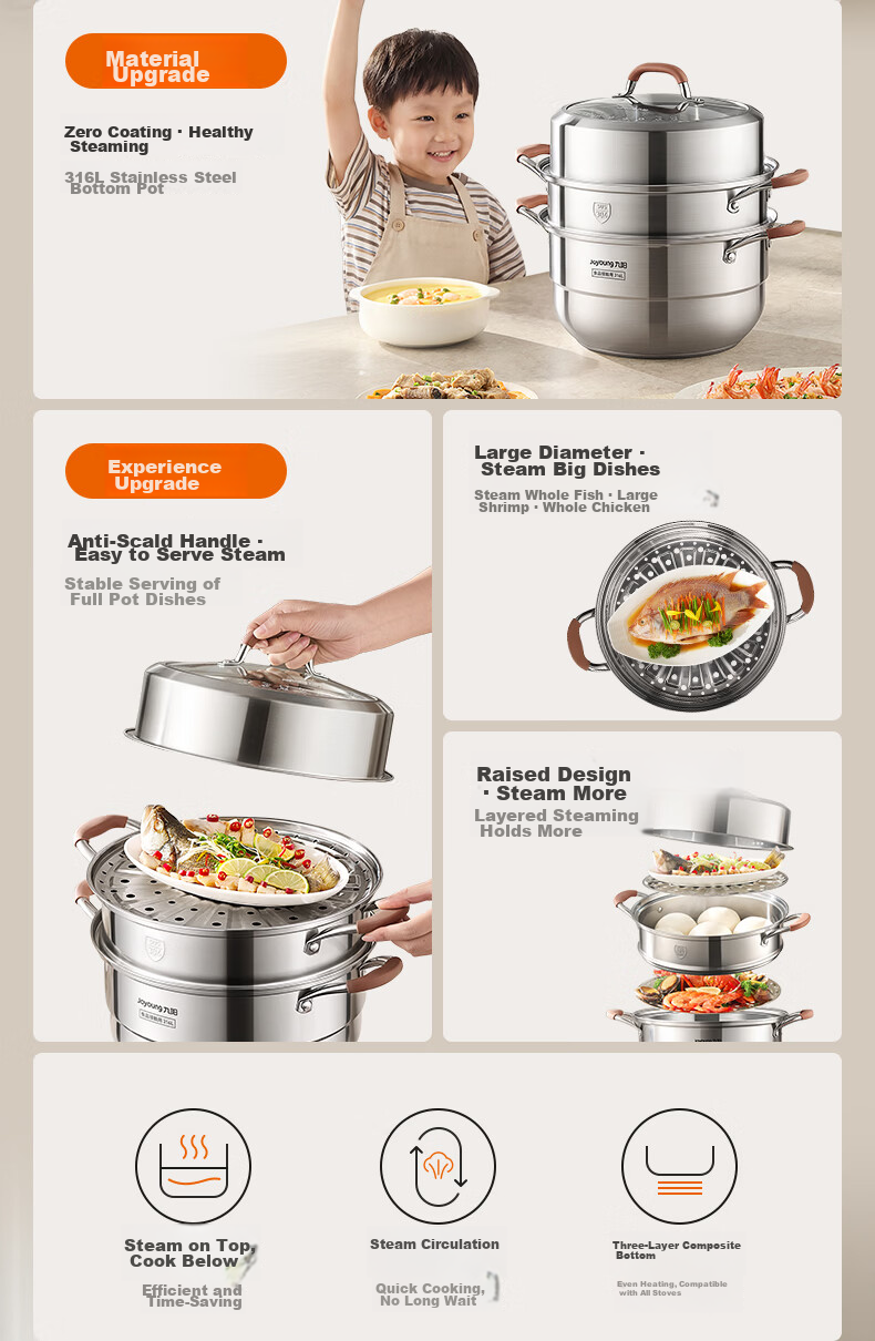 Joyoung 316L Stainless Steel Steamer Pot, Small Size for 2-3 People, Non-Coated Multifunctional Soup Steamer with High Dome Lid, Three Layers, 30cm 2