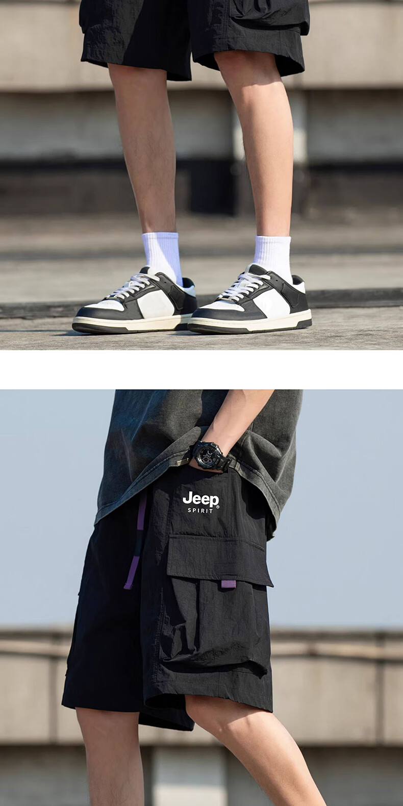 JEEP SPIRIT Men's Shorts 2026 Summer Casual Cargo Loose Fit Knee-Length Pants Black XL 8