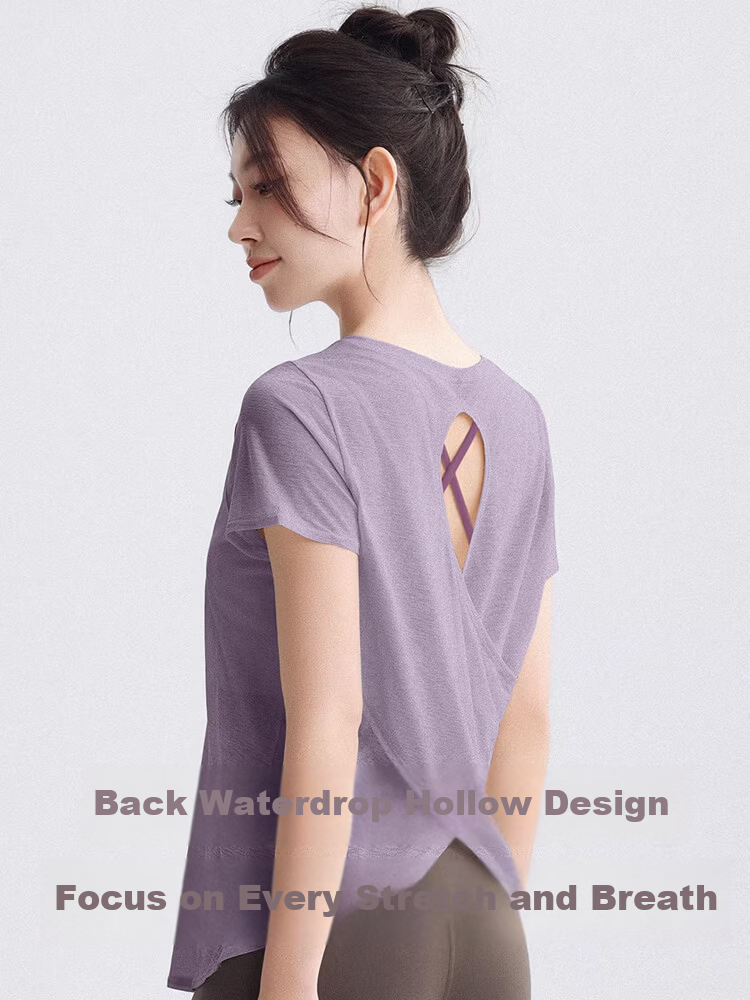 DRUR Loose Fit Back-Open Yoga T-Shirt Women Short Sleeve Quick-Dry High Elasticity One-Piece Running Sports Bra Top 14