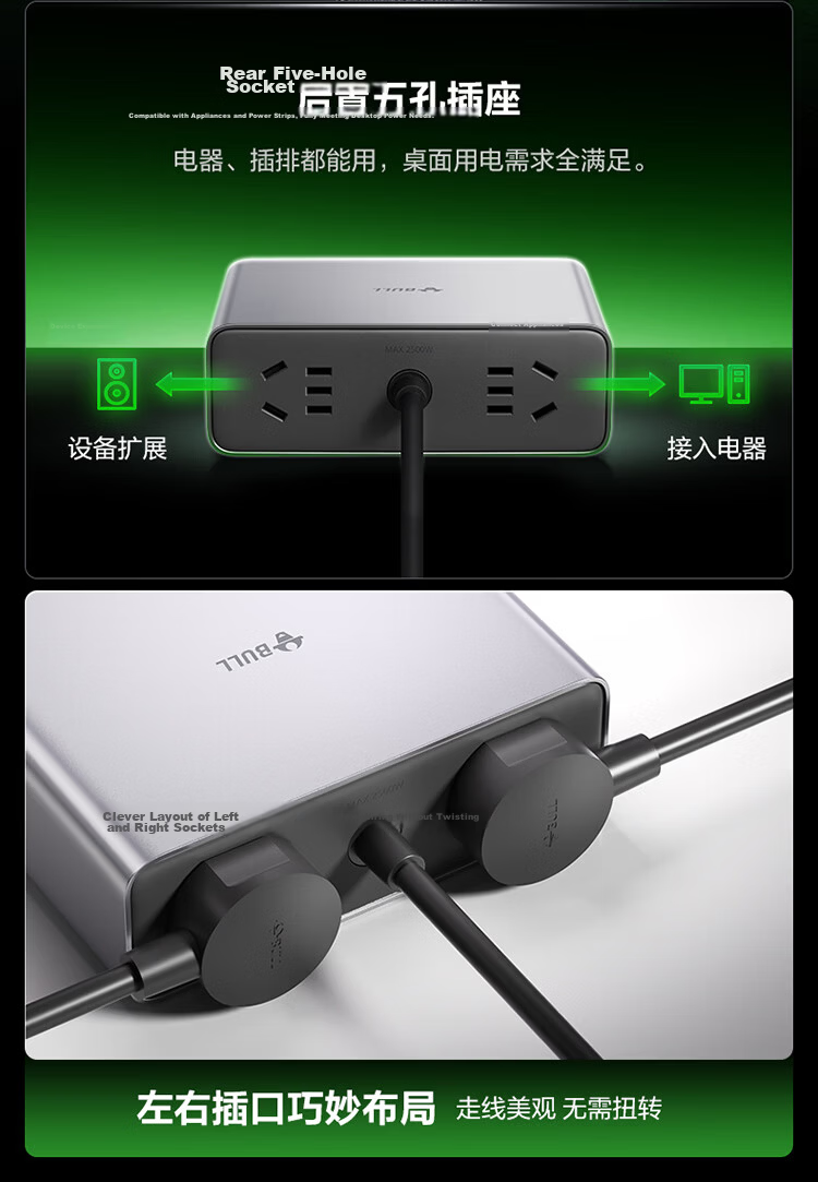 BULL 140W Desktop Charging Station USB Socket Digital Display Power Strip Overload Protection Compatible with Xiaomi Apple iPhone Smart Super Charging Station Pro 3C2A 12