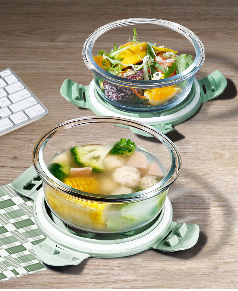 Chuangde Heat-Resistant Glass Food Storage Container, Microwave-Safe Lunch Box for Office Workers, Nordic Green Round 650*2 + Bag + Tableware 3