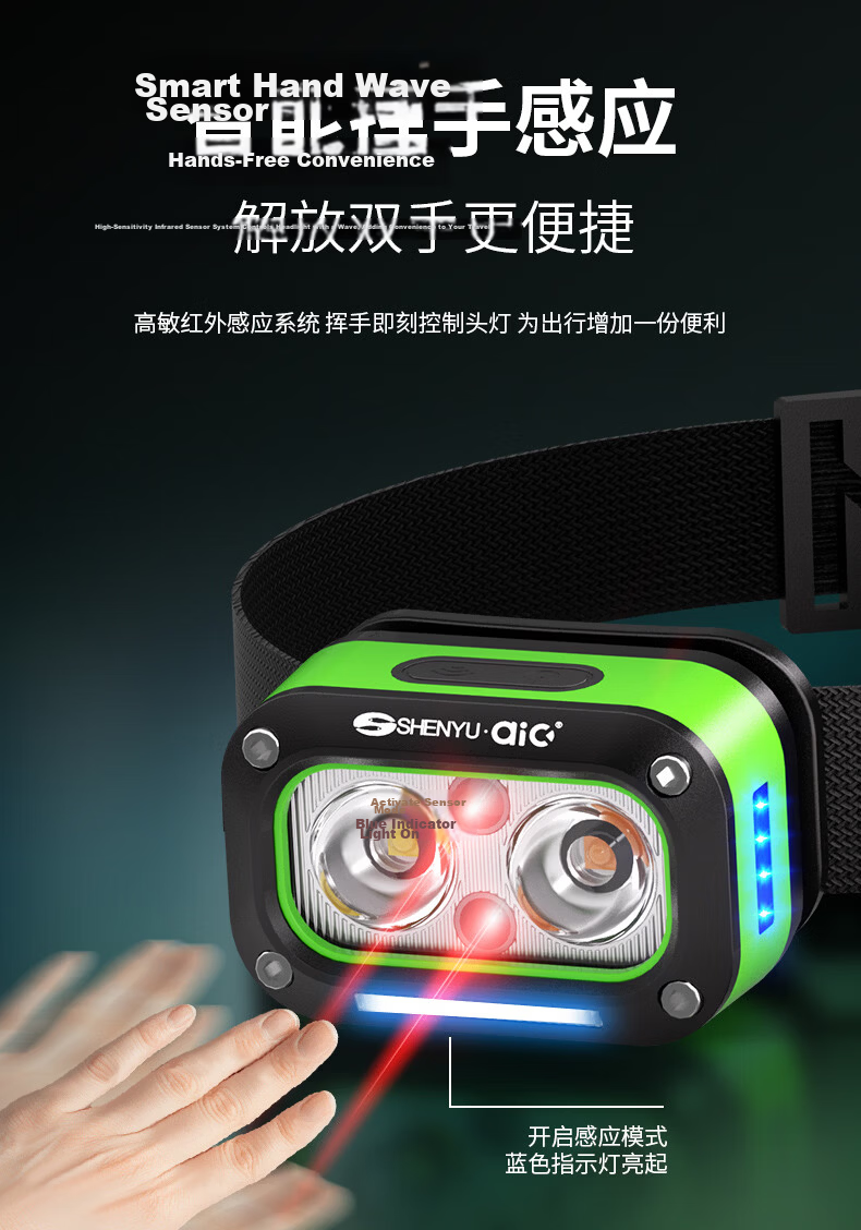 AIC Induction Headlamp Super Bright Rechargeable Head-Worn LED Outdoor Mining Long Battery Life 9