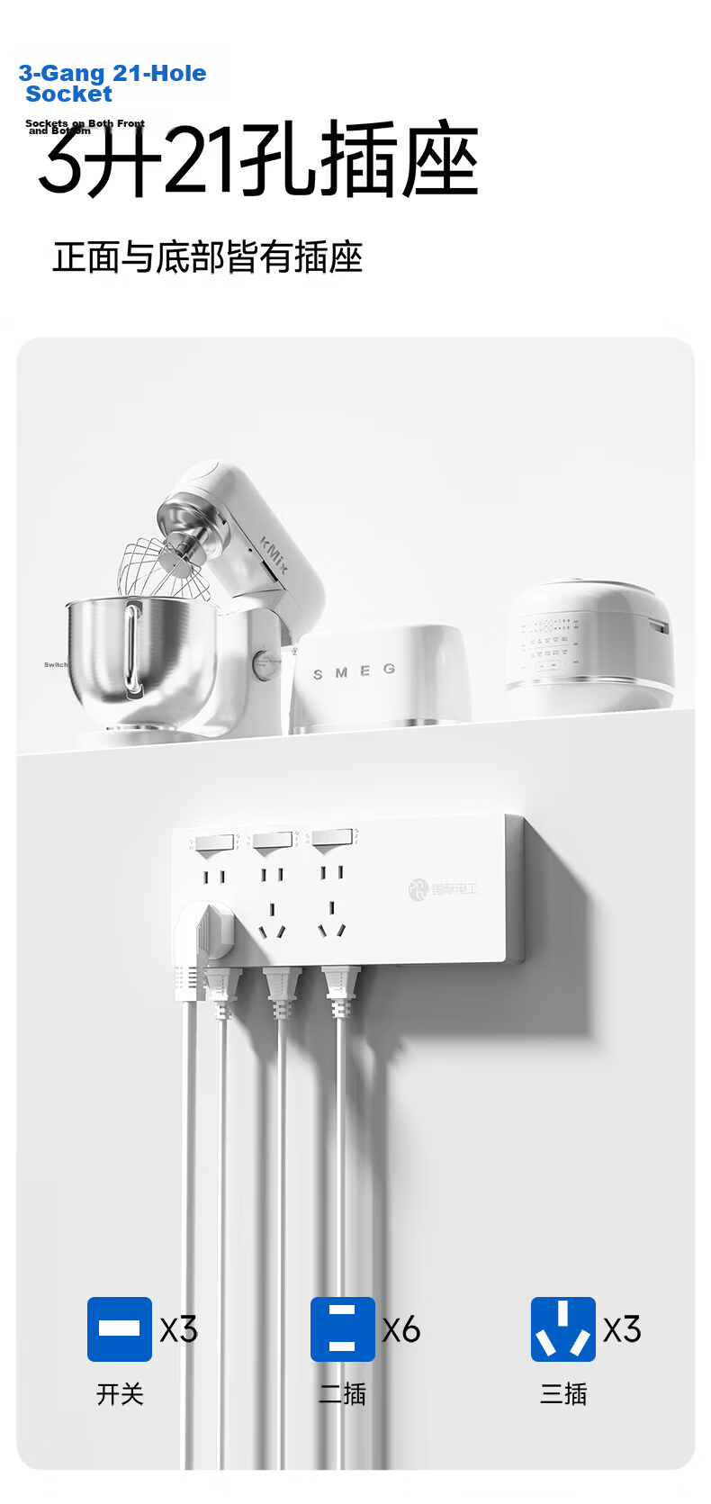 International Electrician 86-Type Surface-Mounted Multi-Port Controlled Extension Socket Panel with Cable Power Strip for Kitchen and Sideboard 6