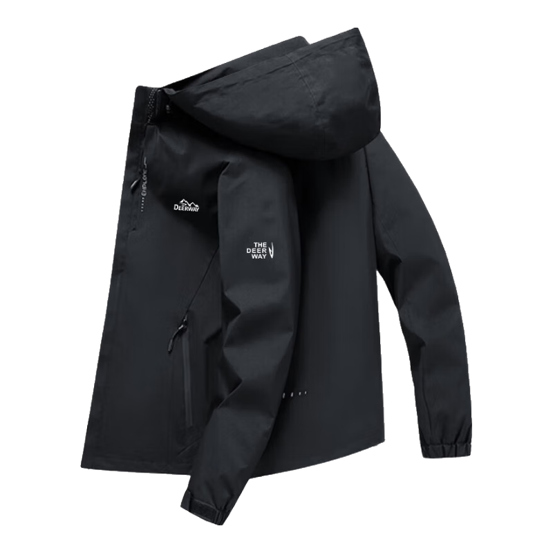 DEERWAY Men's Windbreaker Jacket for Spring And Autumn, Outdoor Hooded Sportswear, Casual Loose-Fitting Menswear, Black, 2XL
